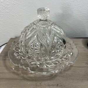 Vintage Round Cut‎ Glass Butter Cheese Dish With Domed Lid 5" Tall 7.75" Across